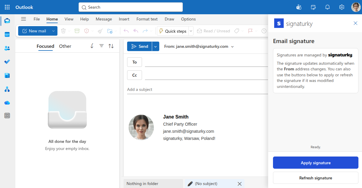 Outlook Web App compose screen with signaturky add-in panel and signature controls